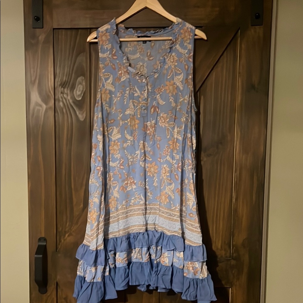 Floral Blue Sleeveless Dress with Ruffle Hem